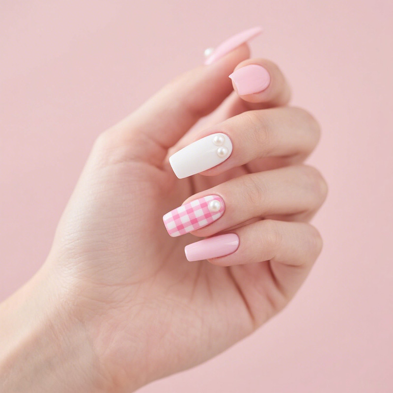 lavara press on nails Pink and White Gingham Nail Art with Pearls